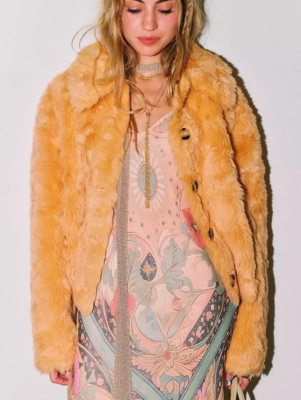 Free People Faux Fur Jacket In Apricot Yellow - Picture 1 of 6